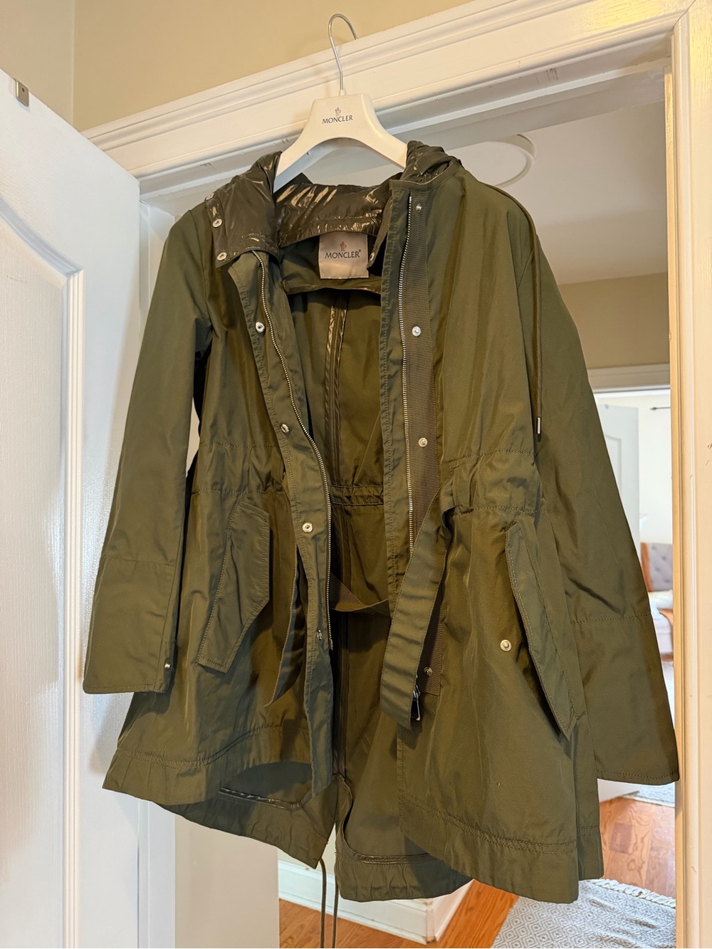 Moncler Olive Green Hooded Trench Parka